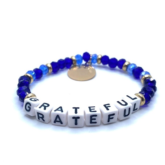 Grateful Beaded Stretch Bracelet Blue Gold Tone - Picture 3 of 4